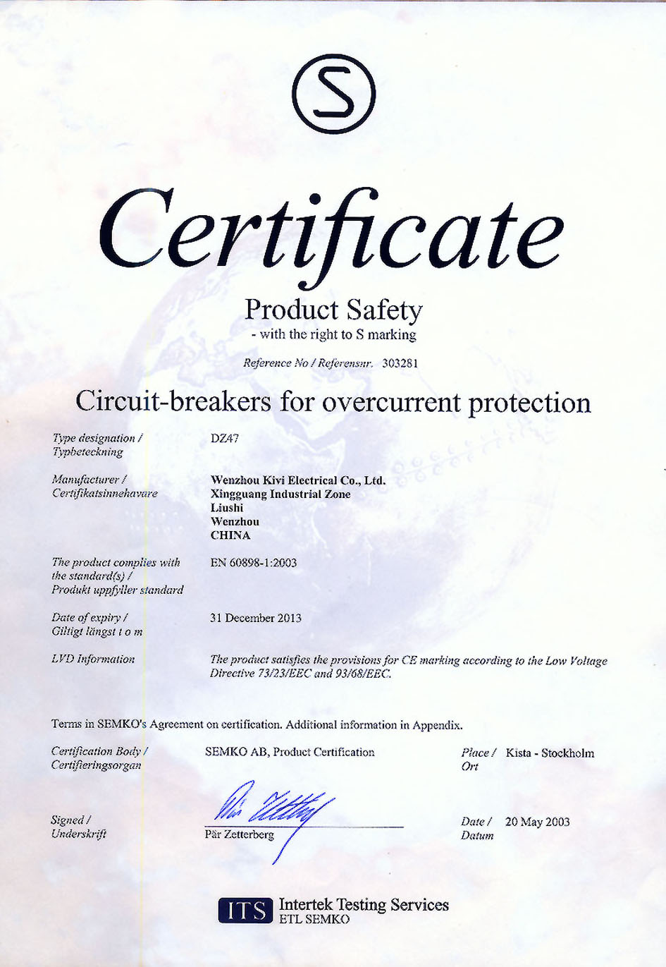 SEMKO CERTIFICATE